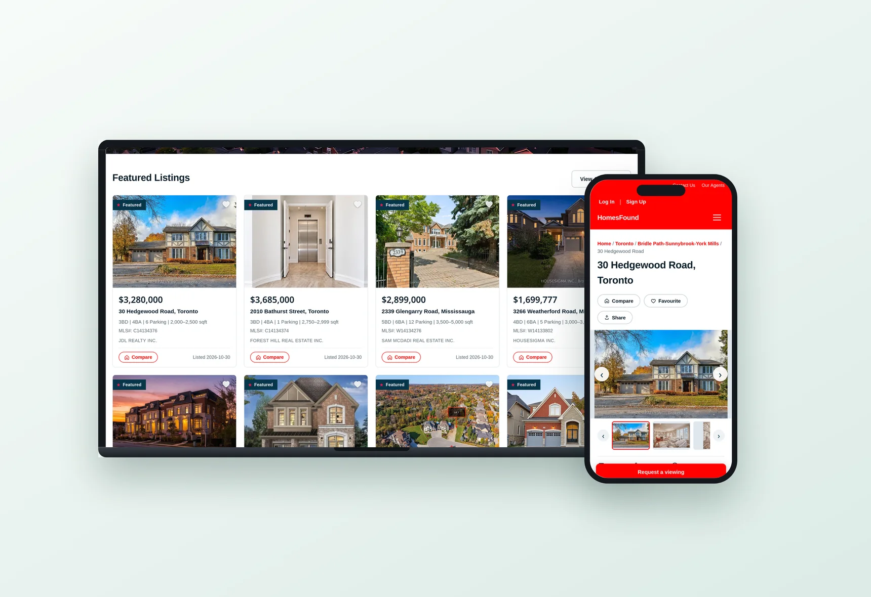 The flagship on laptop and phone: featured listings on desktop, a listing page on mobile